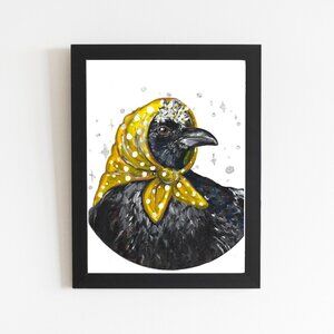 Crow Babushka Art Print, Watercolor Bird Illustration Drawing